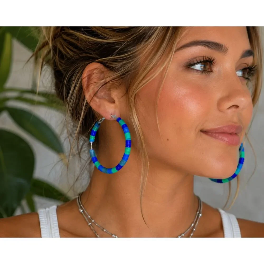 OOAK Handmade Blue Green Heishi Hoop Earrings Y2K Rave Festival Teal Cobalt